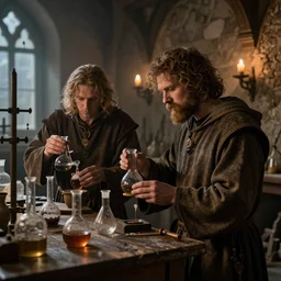 two medieval alchemists working in dusty old laboratory with flasks and glassware, candles on the walls, style of Greg Rutkowski. 8k Hyperrealistic, octane render, unreal engine
