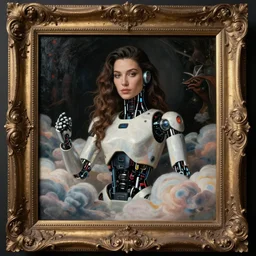 an ornately framed portrait painting of a robot woman surrounded by beautiful clouds. gigi hadid!! pulp sci - fi art for omni magazine. high contrast. dark background. baroque period, oil on canvas. renaissance masterpiece. trending on artstation. retrofuturism.