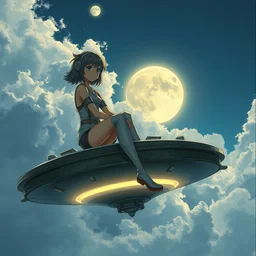 a film still of a 1 9 5 0's mechanic anime girl sitting on top of flying ufo, finely detailed features, full body mid shot, detailed smooth face, perfect art,, trending on pixiv fanbox, painted by gaston bussiere, makoto shinkai, akihiko yoshida, gaston bussiere, craig mullins, studio ghibli