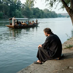 a man sits at the edge of a river in the underworld waiting for the ferryman charon, beksinksi, dariusz zawadzki
