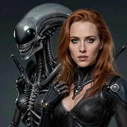 portrait of a beautiful young gillian anderson with alien xenomorph queen by h.r. giger, detailed, proportional, trending on art station, 4k