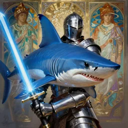 blue thresher shark head knight, plate armor, lightsaber, shark human hybrid, fantasy, digital painting, dramatic lighting, vibrant setting, realistic shading, unreal engine 5, concept art, ultra detailed, intricate environment, ilya kuvshinov, artgerm, alphonse mucha, and greg rutkowski
