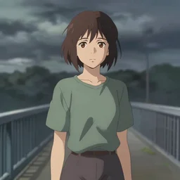 a beautiful british woman with short brown hair, serious, somber amber eyes, standing on a bridge, storm in the distance, basic clothing, digital art by makoto shinkai ilya kuvshinov and wojtek fus, digital art, concept art,