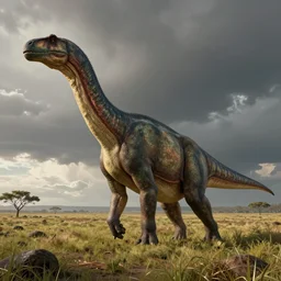a gigantic sauropod dinosaur walking through a grassy plain