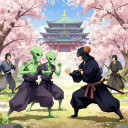 aliens brainsuckers fighting samurais, at beautiful picture of sakura in full bloom, palace ，, by greg rutkowski and katsuya terada, trending on artstation