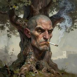 matt painting of an old tree that serious facial expressions, it's smoking a cigarette, in high detail, fantasy illustration, trending on artstation