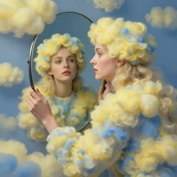 maximalist old ukrainian woman!!!! looking at a mirror, fully covered in yellow and blue clouds!!!, disarming, enchanting, fragile, hopeful, cloudcore, portrait, by kim keever