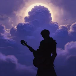 A slightly silhouetted figure of a man with a guitar, clouds that look like mountains high in the sky, the clouds are a deep blue purple color with the sun blazing behind the clouds, deep focus, D&D, fantasy, intricate, elegant, highly detailed, digital painting, artstation, concept art, matte, sharp focus, illustration, hearthstone, art by Artgerm and Greg Rutkowski and Alphonse Mucha