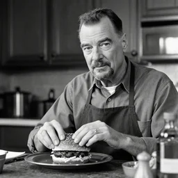Walter White cooking a hamburguer, black and white, award winning photo, Sigma 200mm
