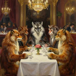 a romantic dinner date fancy restaurant scene, but it's all furries. absurdly - detailed oil painting, by james gurney, dan mumford, wayne reynolds, ron spencer, gustave dore, charles monet