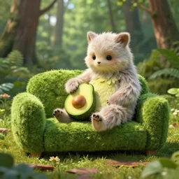 lovely furry creature who made a sofa from avocado in the summer forest, by ilya kuvshinov, rtx rendering, octane render 1 2 8 k, maya, extreme high intricate details by tom bagshaw, medium shot, close up shot, composition by sana takeda, lighting by greg rutkowski
