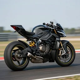 “Hyper realistic motorbike on track, black color, yellow details, carbon fiber, superbike, streetfighter ,design, Cinematography, mega scans, cinematic, hyper realistic, photo real, cinematic compositoio, highly detailed, vray, 8k render, high rendering”