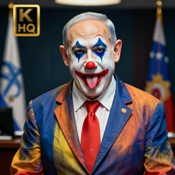 portrait of Benjamin Netanyahu dressed as a clown wearing clown makeup and sticking his tongue out in his office, dark background, ambient lighting, dynamic lighting, vibrant colors, 4K, HQ, official media
