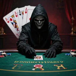 a grim reaper playing poker in hell, 8 k, realistic