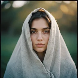analog head and shoulder portrait photography of a woman covered in linen cloth by maxim nikolaev. kodak film. ( depth of field ). whirl bokeh!!. golden hour. detailed. hq. realistic. muted colors. lens flare. mamiya 7 ii, f / 1. 2, symmetrical balance, in - frame