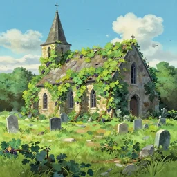 a traditional gouache painting of grapevine bushes, grapevine covered church reclaimed by nature, in the middle of old cemetery destroyed after hurricane, panorama, a matte painting by makoto shinkai, ghibli pixar matte painting, deviantart, makoto shinkai anime matte drawing, concept art, matte painting