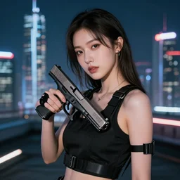 photographic portrait of a techwear woman holding a Glock 18, closeup, on the rooftop of a futuristic city at night, sigma 85mm f/1.4, 4k, depth of field, high resolution, full color, award winning photography