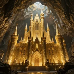 a stunning, golden fantasy castle embedded in a huge underground cave, fabulous, ultrarealistic