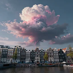 apocalyptic amsterdam with psychedelic clouds in the year 2 1 4 5. 4 k synthwave style