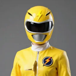 symmetry!! portriat, a single yellow ranger, head and torso, artstation, art by murata, art by oda echiiro, lightning helmet, 3 d, jumpsuit, tracksuit, yellow, gloves, logo