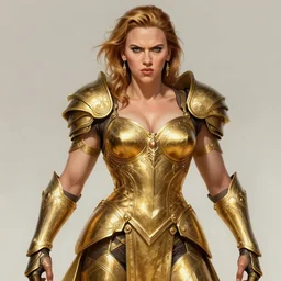 angry muscular scarlett johansson wearing elving gold battle armour, d & d, fantasy, intricate, elegant, highly detailed, digital painting, artstation, concept art, smooth, sharp focus, illustration, art by artgerm and greg rutkowski and alphonse mucha
