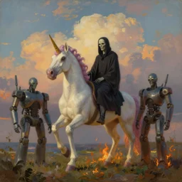 🦄, 😈, ☠, 🤖, 👾, 🔥, surreal photography, golden hour, muted colorful clouds, impressionist painting, digital painting, artstation, simon stalenhag