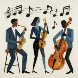 3 jazz musicians, head and shoulders playing with musical notes as abstract art in the style of Stuart Davis
