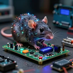 a old photograph of a biohacked rat with leds, button potenciometers, display, circuit board, arduino, diy, biohacking, ultra detailed, hyper realism, japanese horror movie footage, 8 k, chromatic aberration, dof