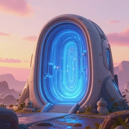 polished masterpiece : futuristic fantasy with chrono distortions and blue portal, at gentle dawn pink - yellow light, weta disney pixar movie still photo, fantasy, highly - detailed digital painting, accent lighting, octane render, artstation, smooth, sharp focus, beeple, rutkowski, mucha