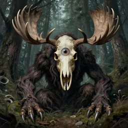 hyperdetailed art nouveau portrait of treebeard as a cthulhu eyeball moose skull wendigo cryptid monster, by geof darrow, simon bisley and bill sienkiewicz, grim yet sparkling atmosphere, photorealism, claws, skeleton, antlers, fangs, forest, wild, bizarre, scary, lynn varley, lovern kindzierski, steve oliff