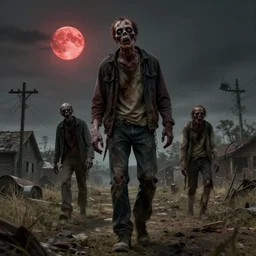 realistic low angle shot of full body portrait of zombies in post apocaliptic rural town style of greg rutkowski and walking dead, hyper detailed elegant grotesque artwork, full figure, red moon