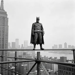 old black and white photo, 1 9 1 3, depicting batman from dark knight on top of skyscraper construction steel bar overlooking new york city, rule of thirds, historical record