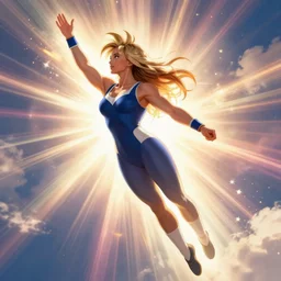 bodybuilder jennifer lawrence wearing spandex, siper saiyan, flying, god's rays, cinematic light, octane render, photorealistic, digital painting, drew struzan, gta v cover art