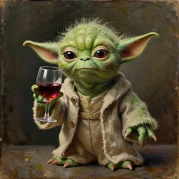 an old oil painting of a dizzy yoda drinking wine, trending on artstation