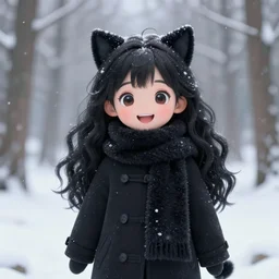 scene of a very cute joyful 3d anime girl, wearing fluffy black scarf, long coat, black long curly hair, cat ears, snowing in the forest, medium shot, mid-shot, highly detailed, trending on Artstation, Unreal Engine 4k