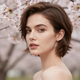 photo of a gorgeous female with short brown hair in the style of stefan kostic, realistic, body shot, sharp focus, 8 k high definition, insanely detailed, intricate, elegant, art by stanley lau and artgerm, cherry blossoms