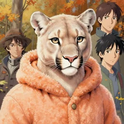 aesthetic portrait commission of a albino male furry anthro mountain lion wearing a cute orange colored cozy soft pastel winter outfit, detailed face , hyperdetailed,  autumn atmosphere. Character design by charlie bowater, ross tran, artgerm, and makoto shinkai, detailed, inked, western comic book art, 2021 award winning painting