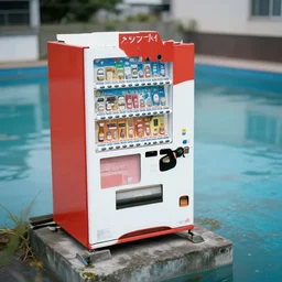 photograph of Japanese vending machine in water of abandoned pool, one point perspective, 1-point perspective, tilt shift, sigma 85mm f/1.4, 4k, depth of field, high resolution, 4k, 8k, hd, full color