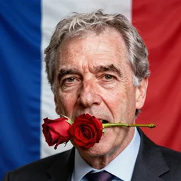 masterpiece hyper detailed portrait of jacques chirac with a rose 8 n its mouth. in the background is a huge french flag.