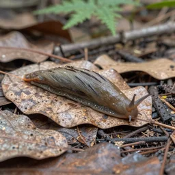 a slug slithering on dead leaves in a forest, canon eos r 3, f / 1. 4, iso 2 0 0, 1 / 1 6 0 s, 8 k, raw, unedited, symmetrical balance, in - frame,
