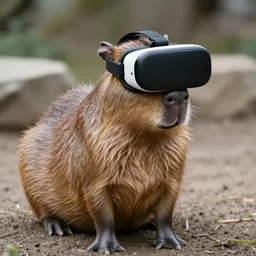 photorealistic capybara wearing VR helmet