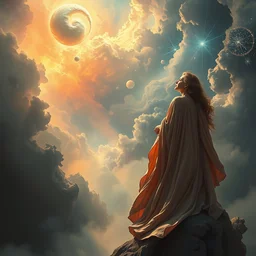 in flowing velvet robes she watches as the universe is born, full body, supersaturated nebulas, misty, ultra dramatic lighting, bright radial arcs of light, radiant stars, intricate, hyper detailed, masterpiece, beautiful painting by ruan jia, artgerm, alphonse mucha, frank frazetta, peter mohrbacher