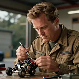 cinematography closeup portrait of a Man soldering repairing robot parts in his garage by Michael Bay