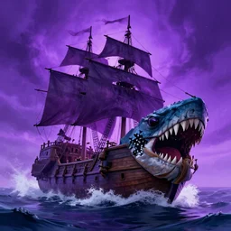 pirate ship in violet storm escapes the kraken, 4k wallpaper, digital art, trending on artstation
