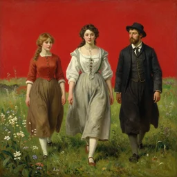 Solomon Joseph Solomon and Richard Schmid and Jeremy Lipking victorian genre painting full length portrait painting of a young cottagecore walking in an open field of flowers, red background