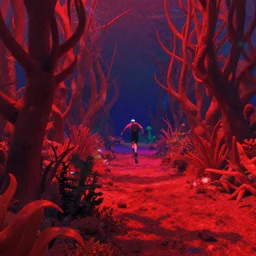 80s vaporwave outrun 3d Render of red deep sea forest, liminal space retro, grainy, noisy