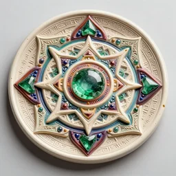 mandrelbot 3 d volume fractal mandala ceramic chakra digital color stylized an ancient white bone and emerald gemstone relic, intricate engraving concept 3 d point lighting natural color scheme