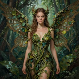 formal portrait of beautiful jungle goddess, painted by jesper ejsing. fantasy, sci - fi, v - neck dress made entirely of vines, wings, intricate detail, romanticism, vivid color scheme, studio lighting, artstation, natalie dormer