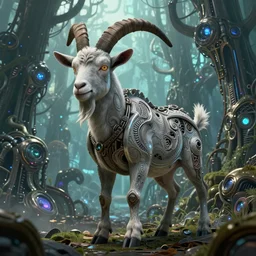 intricate goat from overlord anime, on the background of a weird magical mechanical forest. Very detailed 8k. Fantasy cyberpunk horror. Sharp. Cinematic post-processing. Unreal engine. Nanite rendering. Ray tracing