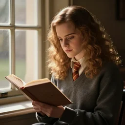 portrait of Emma Watson as Hermione Granger sitting next to a window reading a book, focused expression, golden hour, art by Kenne Gregoire and Artgerm, trending on artstation